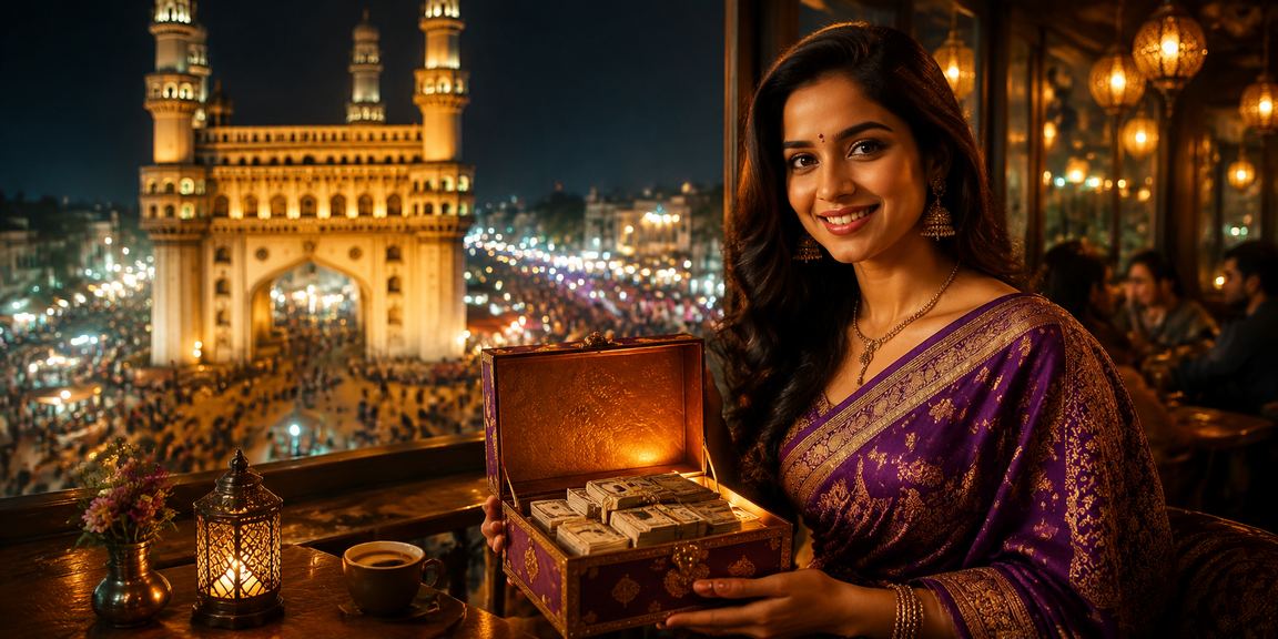Hyderabad Charminar night market with casino and betting theme
